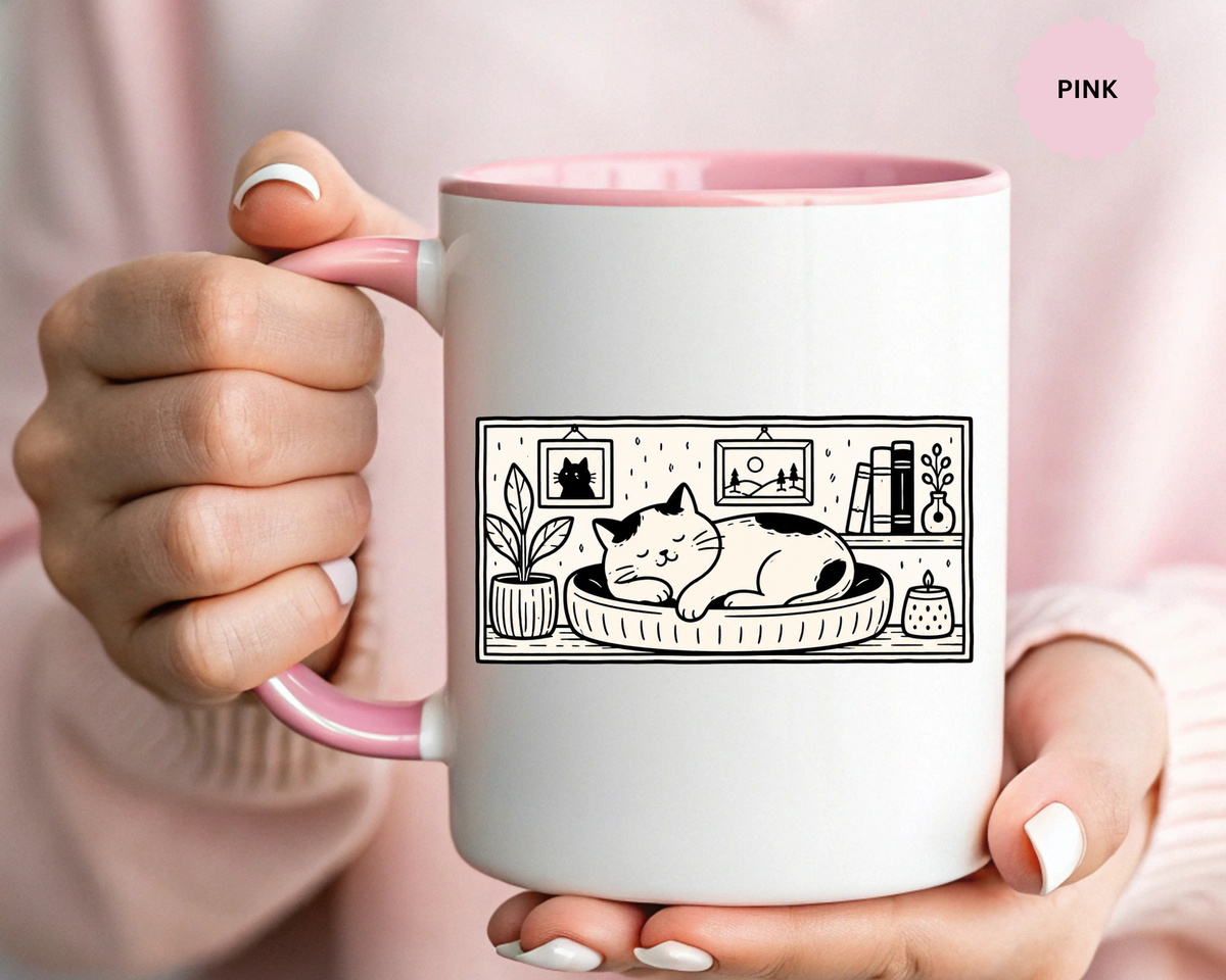 Sleeping Cat Mug, Minimalist Black and White Coffee Cup, Cozy Cat Lover Gift, Modern Kitchen Decor, Birthday Present for Her or Mom