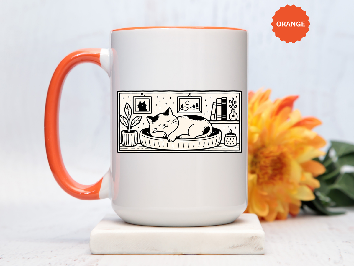 Sleeping Cat Mug, Minimalist Black and White Coffee Cup, Cozy Cat Lover Gift, Modern Kitchen Decor, Birthday Present for Her or Mom