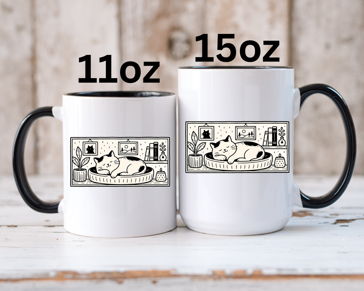 Sleeping Cat Mug, Minimalist Black and White Coffee Cup, Cozy Cat Lover Gift, Modern Kitchen Decor, Birthday Present for Her or Mom