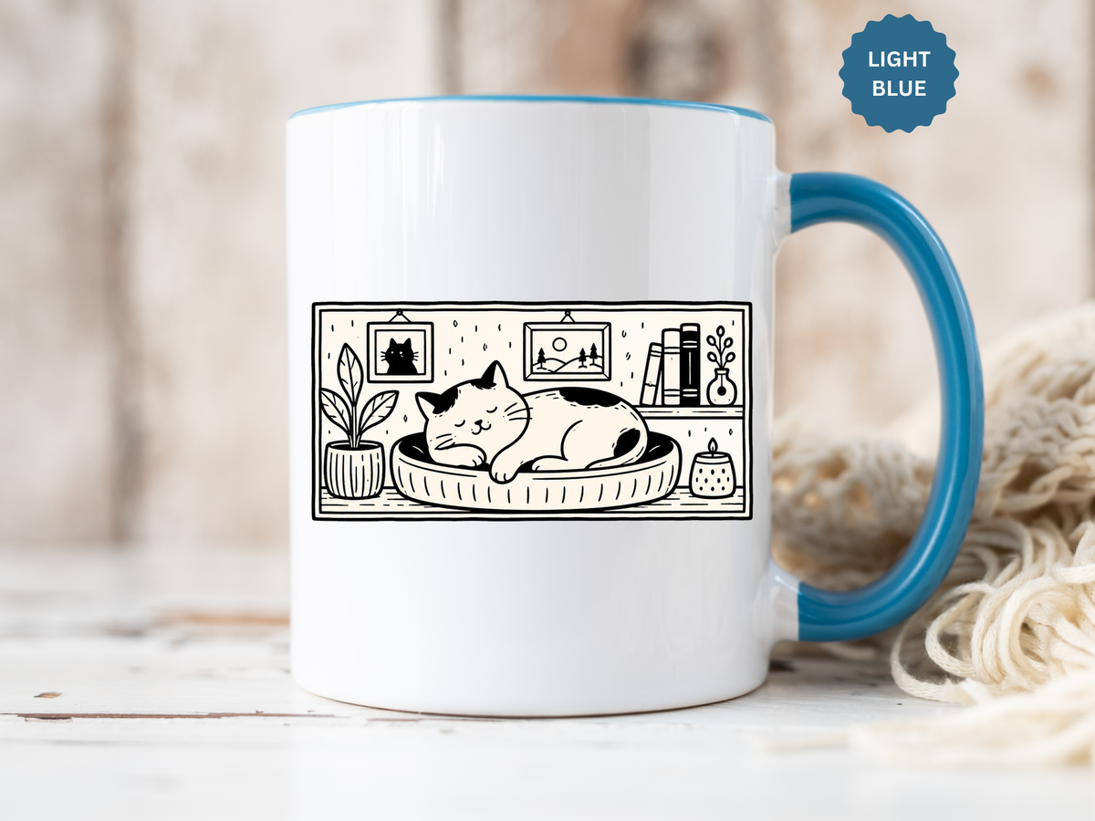Sleeping Cat Mug, Minimalist Black and White Coffee Cup, Cozy Cat Lover Gift, Modern Kitchen Decor, Birthday Present for Her or Mom