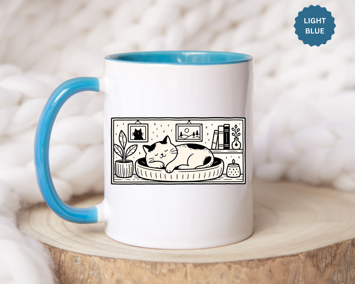 Sleeping Cat Mug, Minimalist Black and White Coffee Cup, Cozy Cat Lover Gift, Modern Kitchen Decor, Birthday Present for Her or Mom