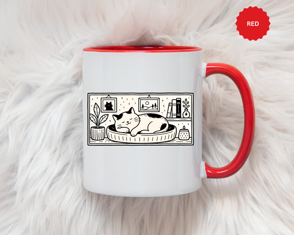 Sleeping Cat Mug, Minimalist Black and White Coffee Cup, Cozy Cat Lover Gift, Modern Kitchen Decor, Birthday Present for Her or Mom