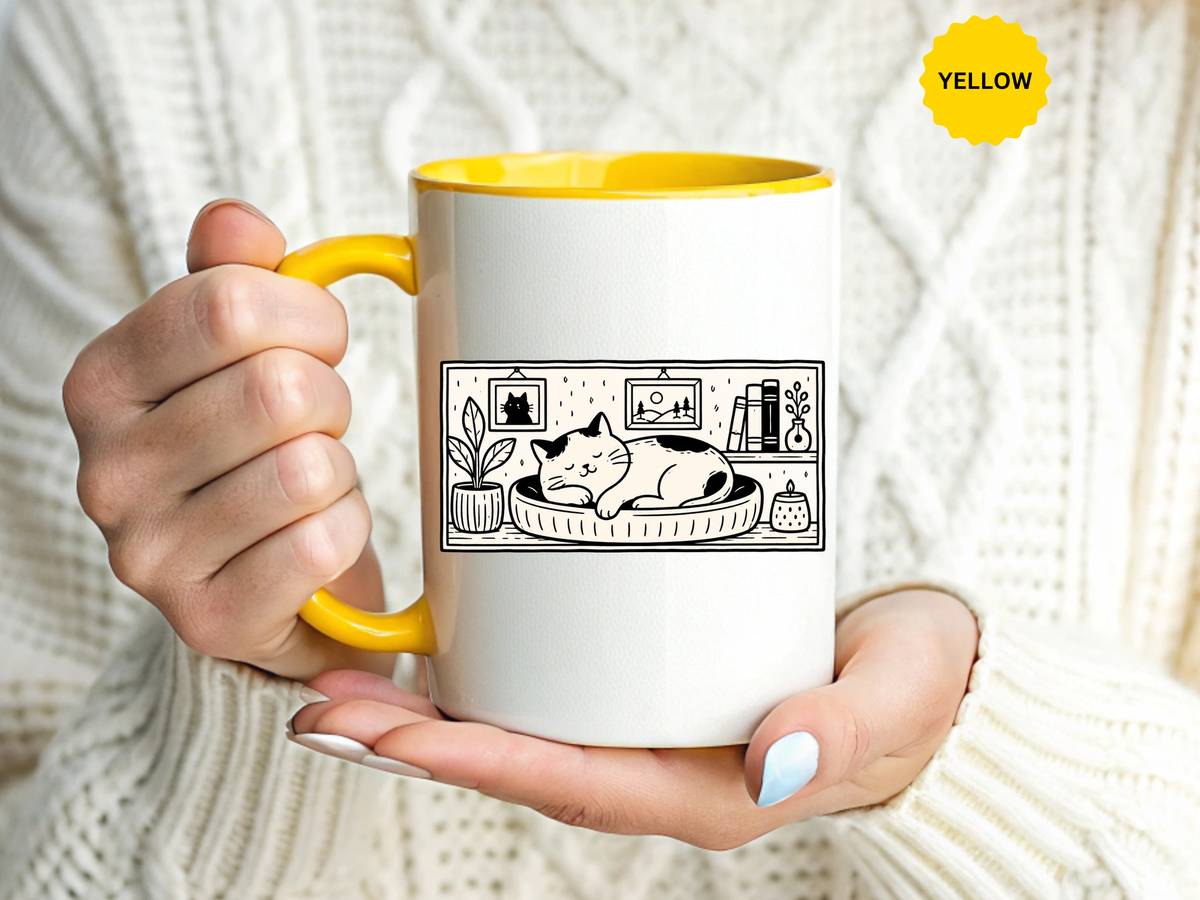 Sleeping Cat Mug, Minimalist Black and White Coffee Cup, Cozy Cat Lover Gift, Modern Kitchen Decor, Birthday Present for Her or Mom