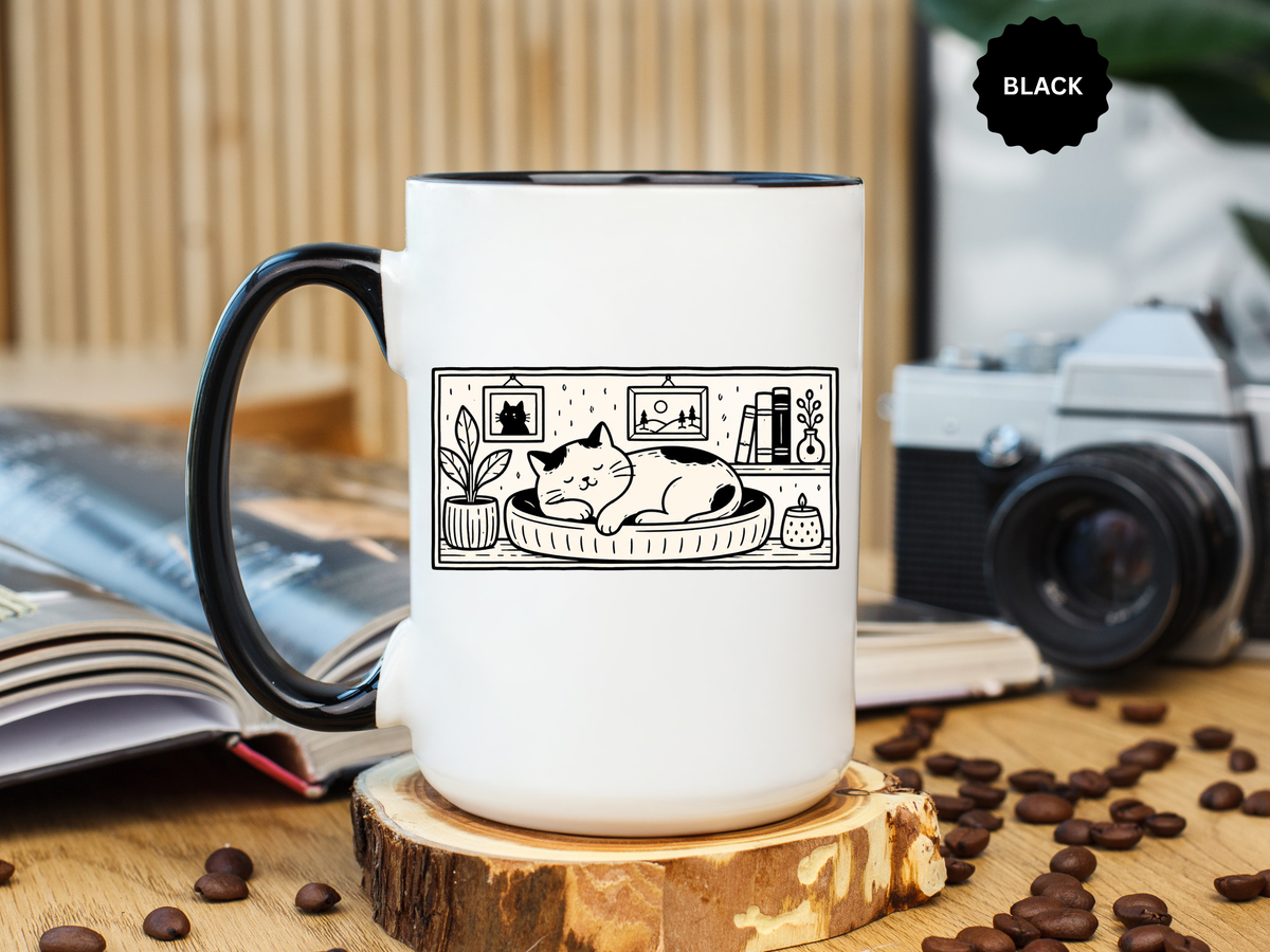 Sleeping Cat Mug, Minimalist Black and White Coffee Cup, Cozy Cat Lover Gift, Modern Kitchen Decor, Birthday Present for Her or Mom