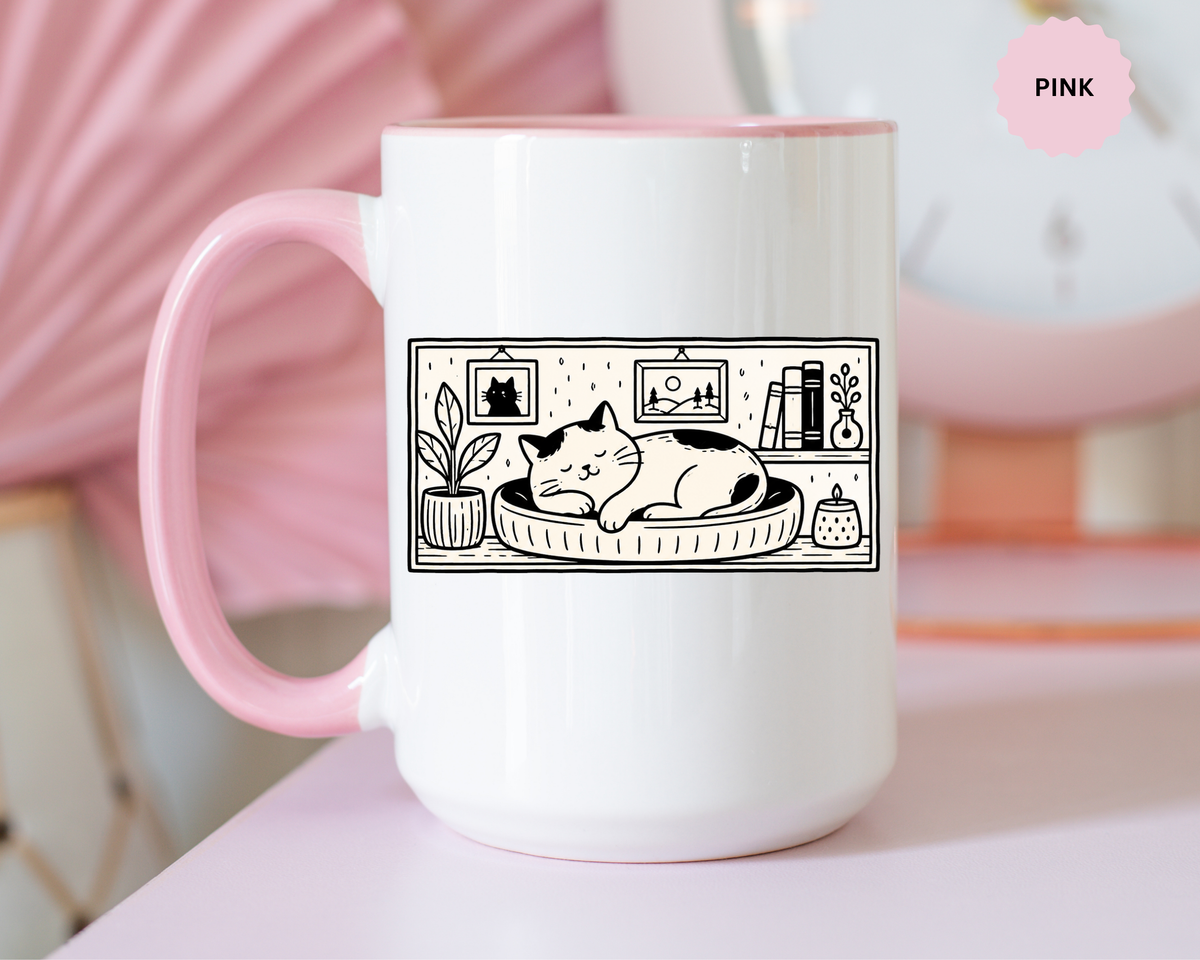 Sleeping Cat Mug, Minimalist Black and White Coffee Cup, Cozy Cat Lover Gift, Modern Kitchen Decor, Birthday Present for Her or Mom