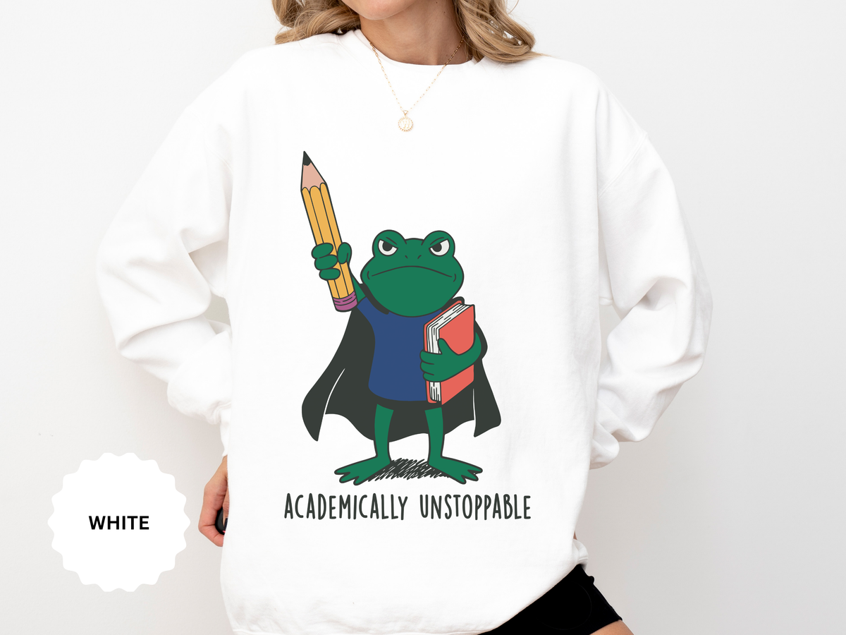 Academically Unstoppable Frog Sweatshirt, Funny Teacher Shirt, Book Lover Gift for Educator, Back to School Outfit, Classroom Crewneck