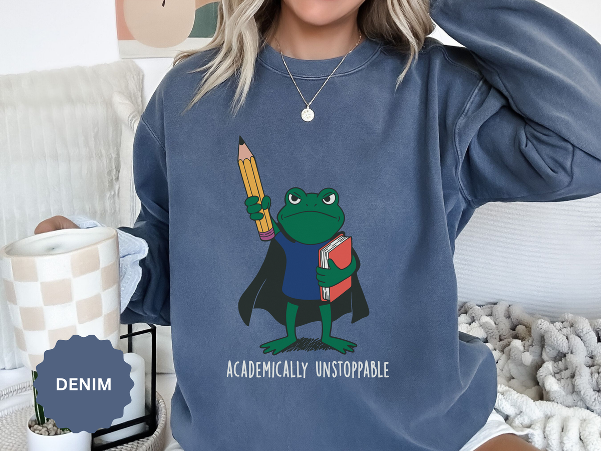 Academically Unstoppable Frog Sweatshirt, Funny Teacher Shirt, Book Lover Gift for Educator, Back to School Outfit, Classroom Crewneck