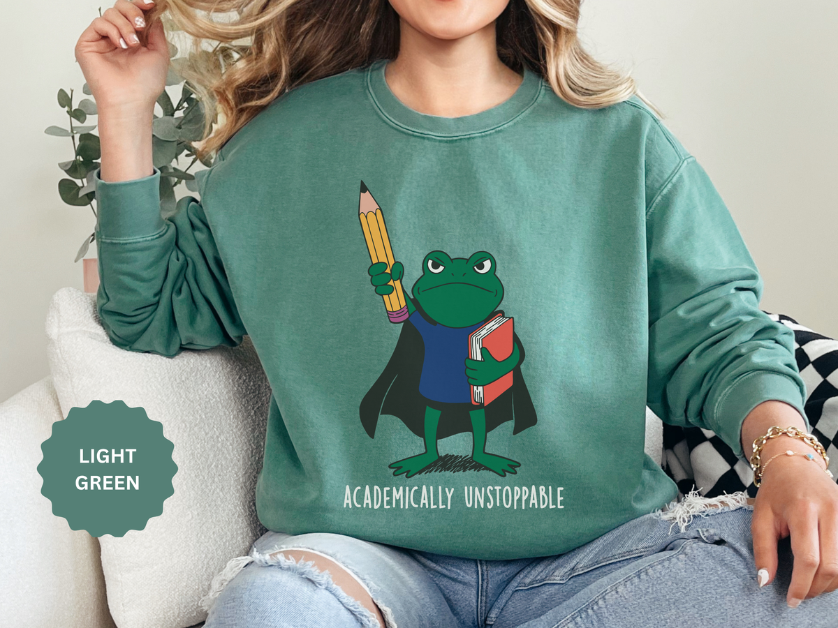 Academically Unstoppable Frog Sweatshirt, Funny Teacher Shirt, Book Lover Gift for Educator, Back to School Outfit, Classroom Crewneck