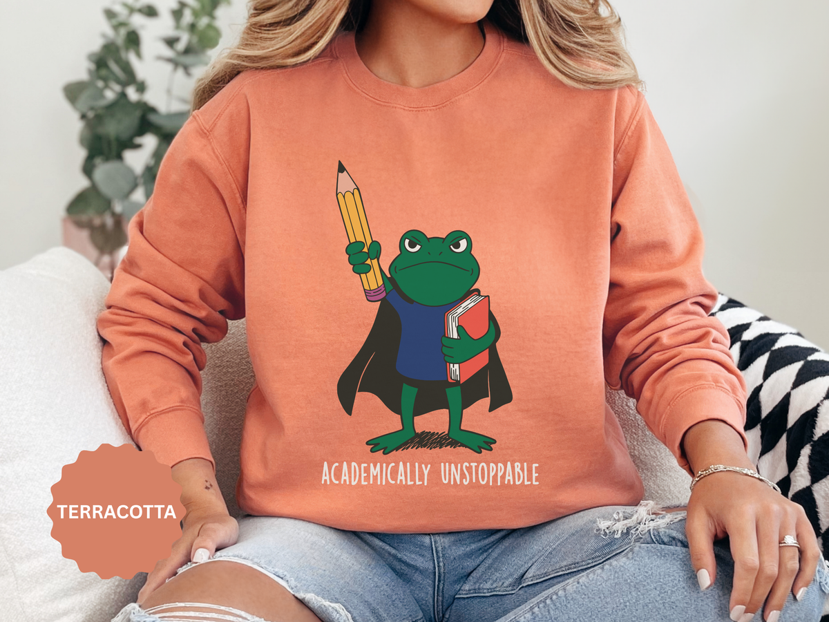 Academically Unstoppable Frog Sweatshirt, Funny Teacher Shirt, Book Lover Gift for Educator, Back to School Outfit, Classroom Crewneck