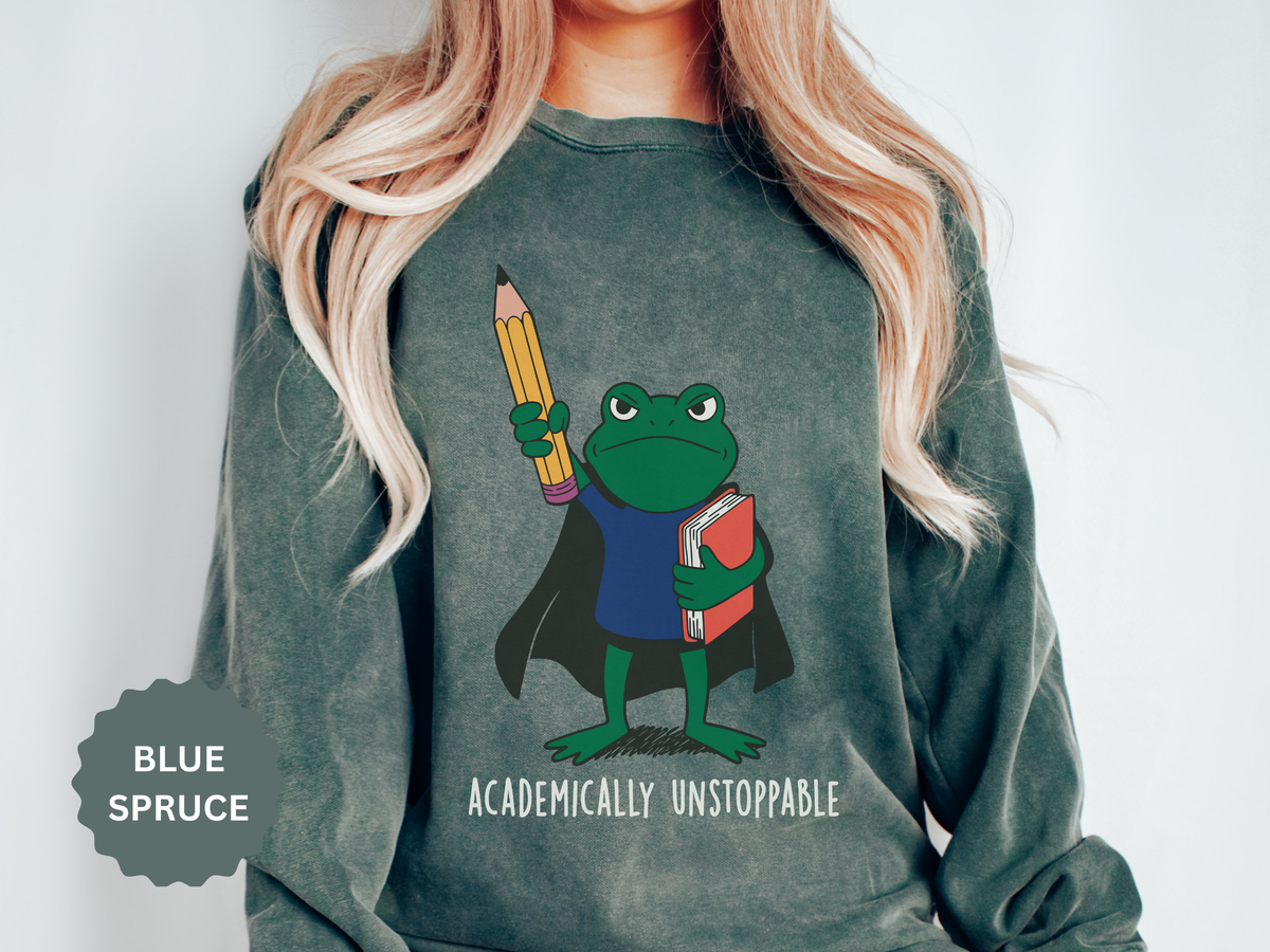 Academically Unstoppable Frog Sweatshirt, Funny Teacher Shirt, Book Lover Gift for Educator, Back to School Outfit, Classroom Crewneck