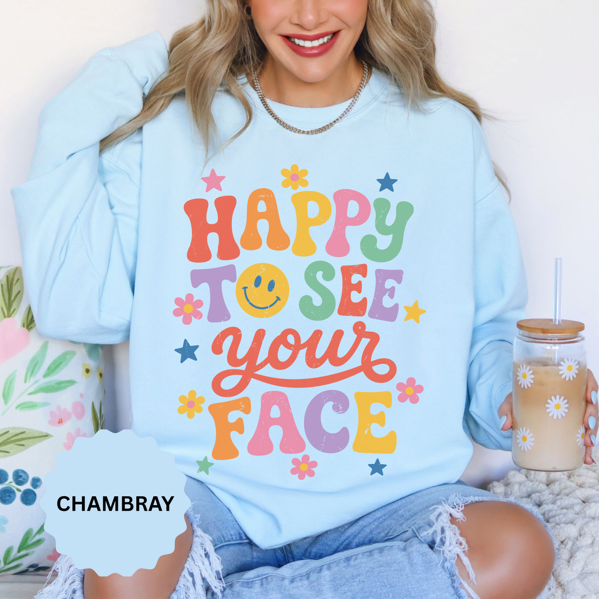 Happy to See Your Face Sweatshirt, Colorful Teacher Crewneck, Retro Classroom Shirt, Back to School Outfit, Educator Appreciation Gift