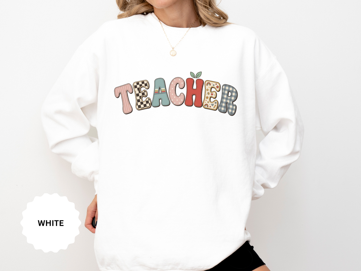 Teacher Sweatshirt, Patchwork Letter Crewneck, Cute Educator Appreciation Gift, Back to School Outfit, Retro Classroom Shirt for Staff