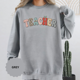 Teacher Sweatshirt, Patchwork Letter Crewneck, Cute Educator Appreciation Gift, Back to School Outfit, Retro Classroom Shirt for Staff