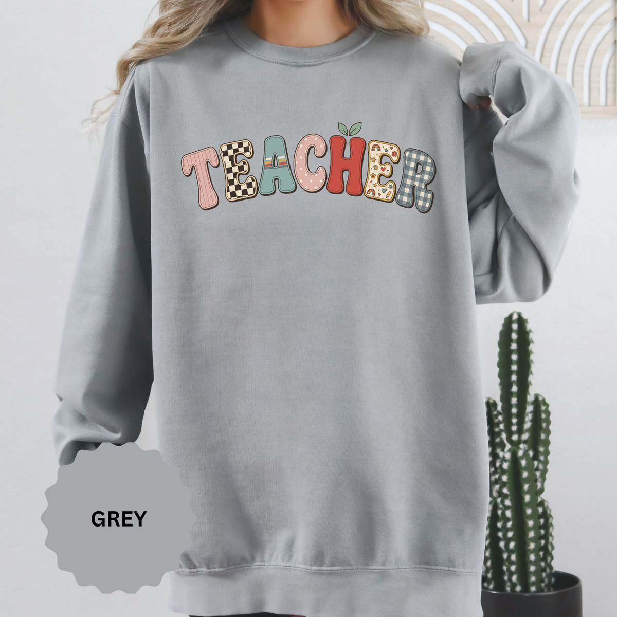 Teacher Sweatshirt, Patchwork Letter Crewneck, Cute Educator Appreciation Gift, Back to School Outfit, Retro Classroom Shirt for Staff