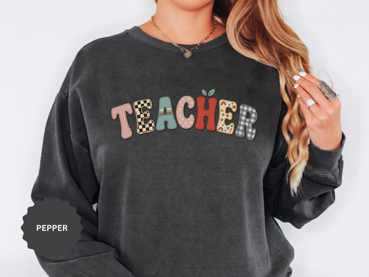 Teacher Sweatshirt, Patchwork Letter Crewneck, Cute Educator Appreciation Gift, Back to School Outfit, Retro Classroom Shirt for Staff