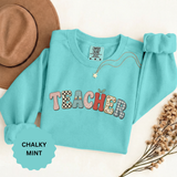 Teacher Sweatshirt, Patchwork Letter Crewneck, Cute Educator Appreciation Gift, Back to School Outfit, Retro Classroom Shirt for Staff