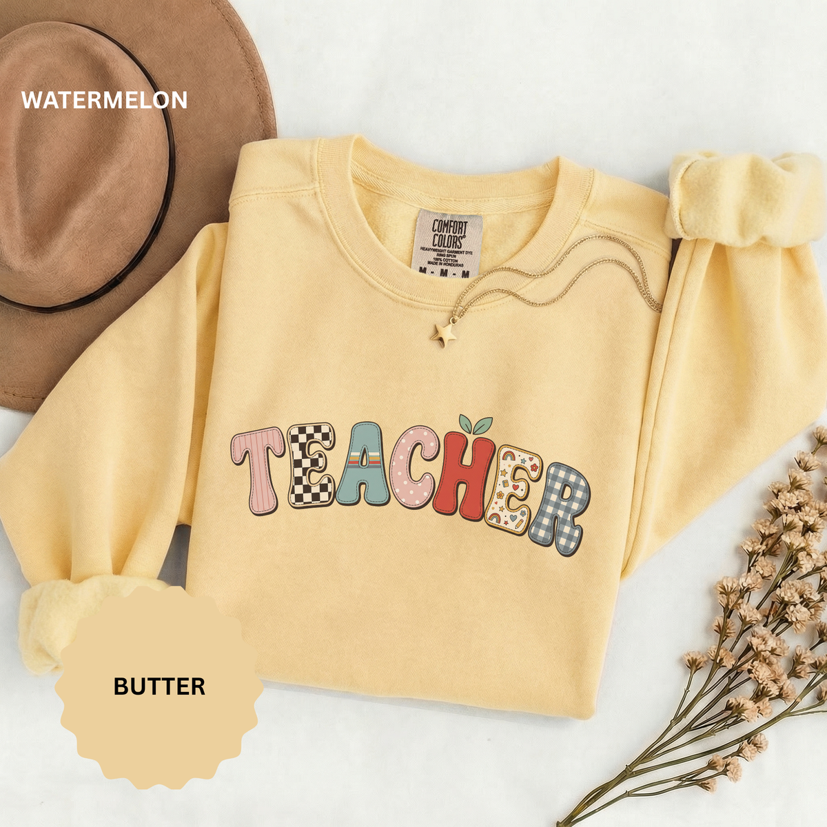Teacher Sweatshirt, Patchwork Letter Crewneck, Cute Educator Appreciation Gift, Back to School Outfit, Retro Classroom Shirt for Staff