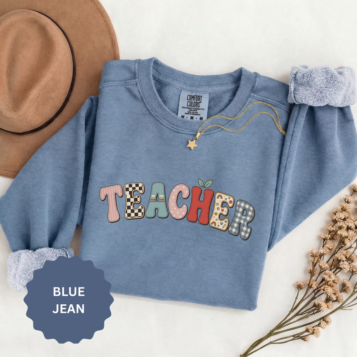Teacher Sweatshirt, Patchwork Letter Crewneck, Cute Educator Appreciation Gift, Back to School Outfit, Retro Classroom Shirt for Staff