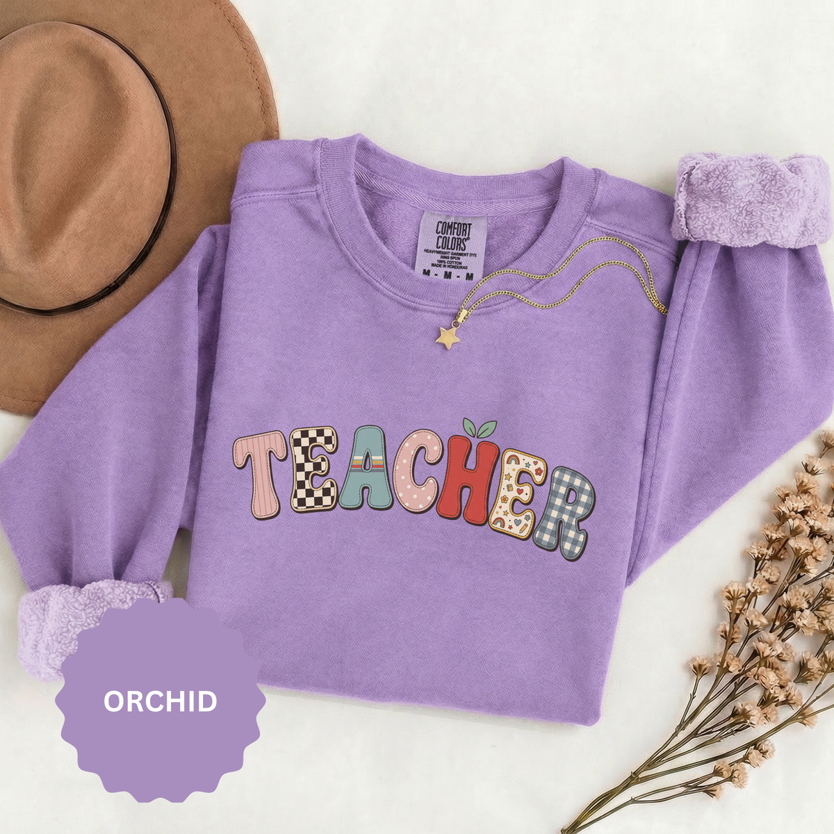 Teacher Sweatshirt, Patchwork Letter Crewneck, Cute Educator Appreciation Gift, Back to School Outfit, Retro Classroom Shirt for Staff