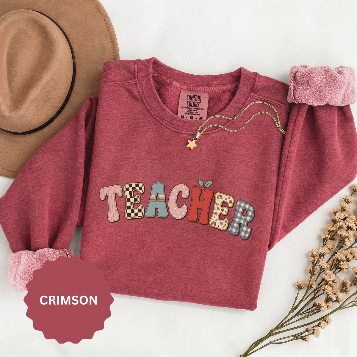 Teacher Sweatshirt, Patchwork Letter Crewneck, Cute Educator Appreciation Gift, Back to School Outfit, Retro Classroom Shirt for Staff