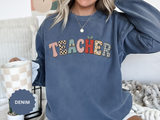 Teacher Sweatshirt, Patchwork Letter Crewneck, Cute Educator Appreciation Gift, Back to School Outfit, Retro Classroom Shirt for Staff