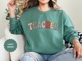 Teacher Sweatshirt, Patchwork Letter Crewneck, Cute Educator Appreciation Gift, Back to School Outfit, Retro Classroom Shirt for Staff