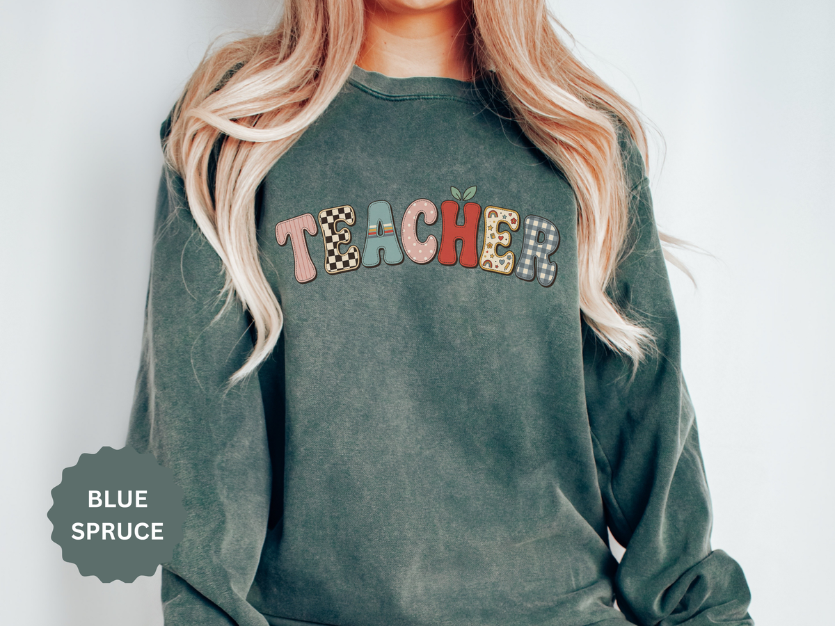 Teacher Sweatshirt, Patchwork Letter Crewneck, Cute Educator Appreciation Gift, Back to School Outfit, Retro Classroom Shirt for Staff