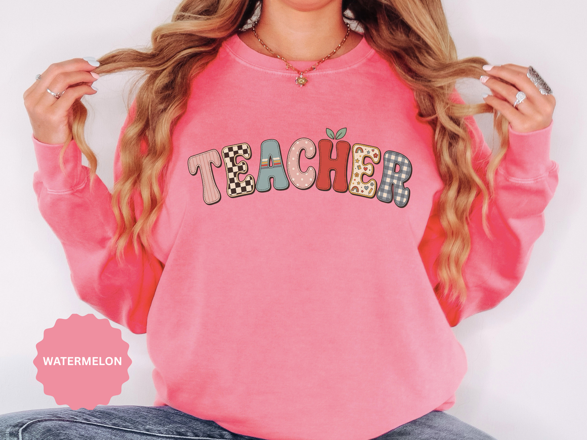 Teacher Sweatshirt, Patchwork Letter Crewneck, Cute Educator Appreciation Gift, Back to School Outfit, Retro Classroom Shirt for Staff