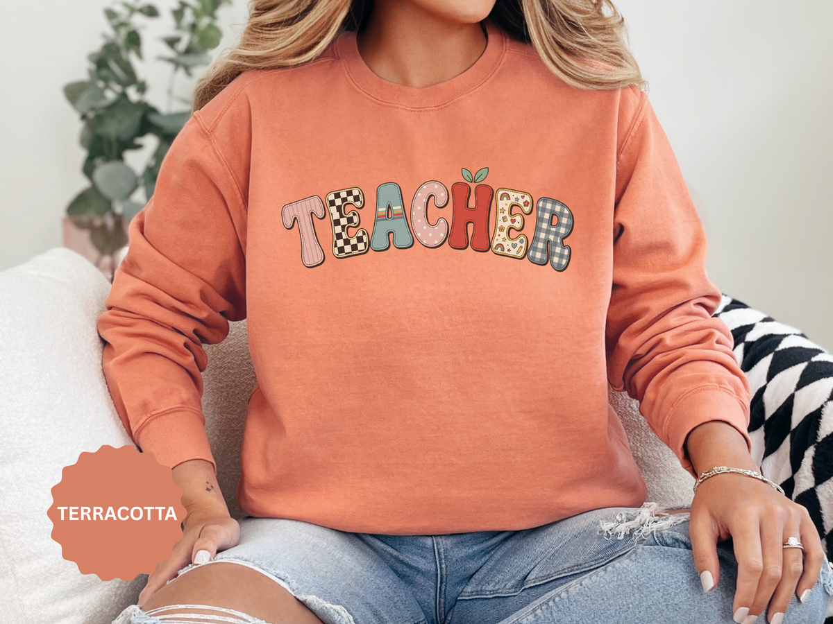 Teacher Sweatshirt, Patchwork Letter Crewneck, Cute Educator Appreciation Gift, Back to School Outfit, Retro Classroom Shirt for Staff