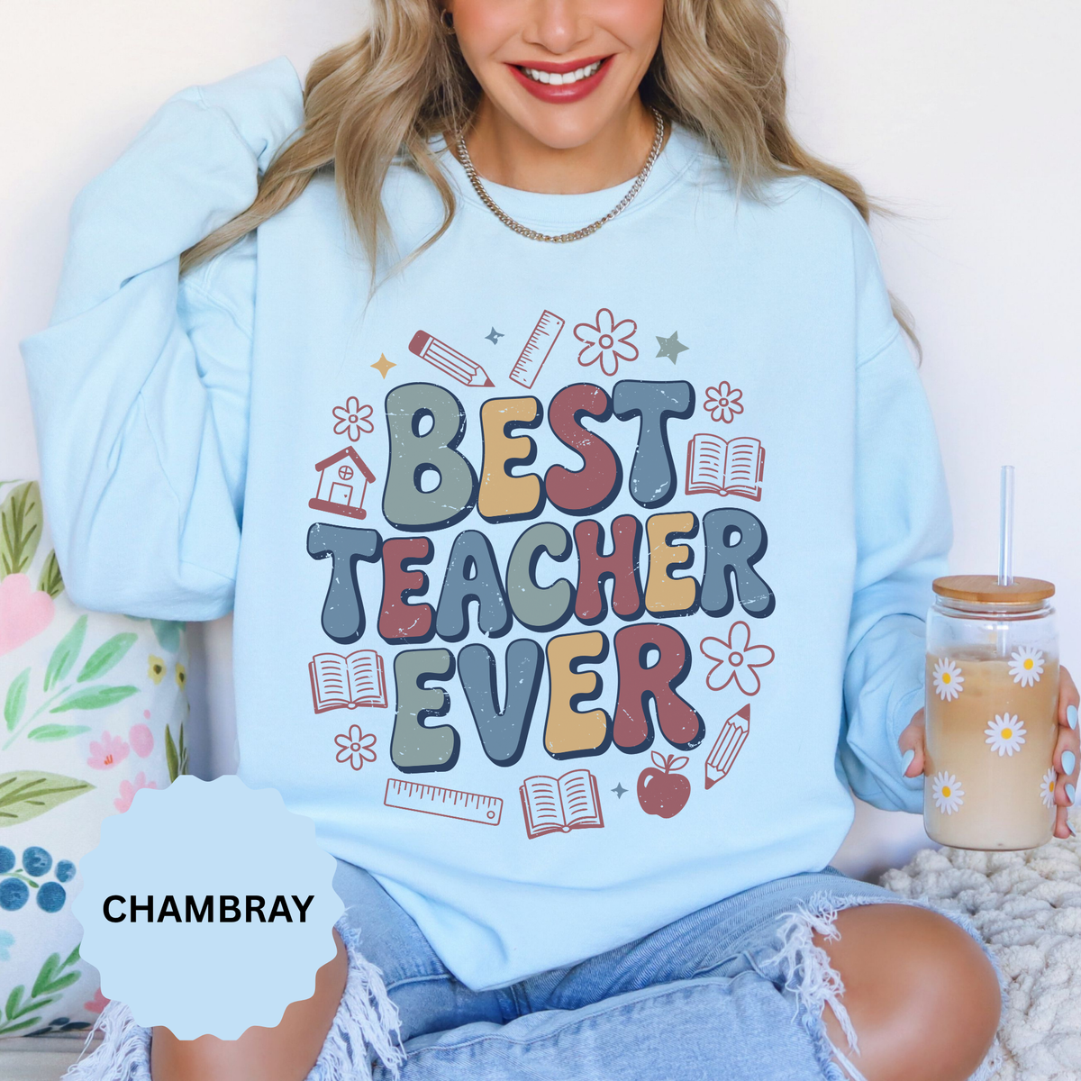 Best Teacher Ever Sweatshirt, Retro Educator Crewneck, Teacher Appreciation Gift, Back to School Outfit, Colorful School Staff Shirt