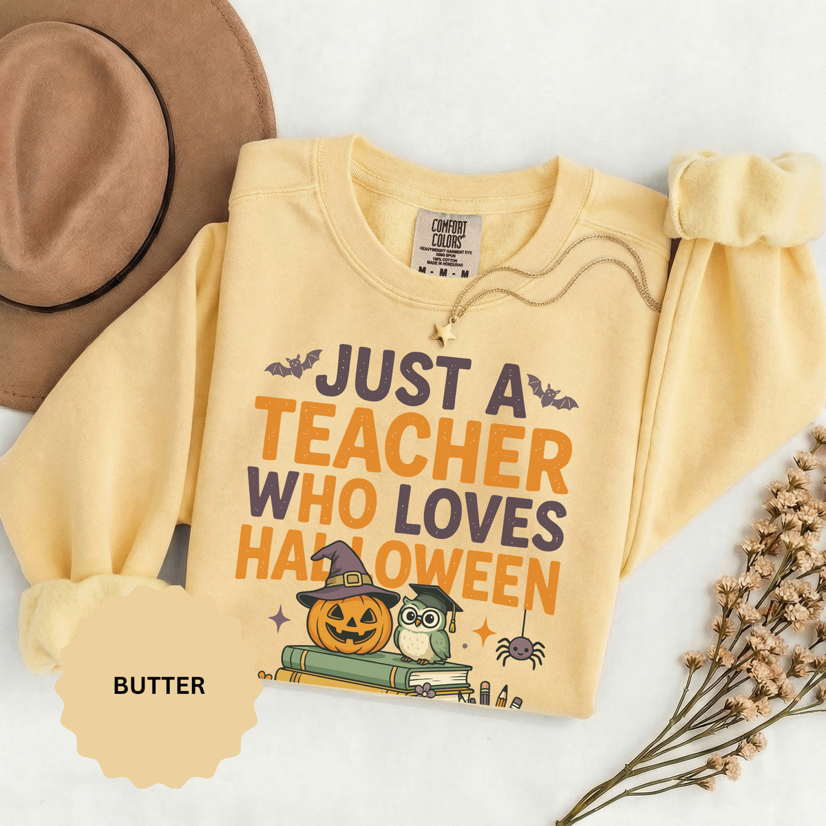 Teacher Halloween Sweatshirt, Just a Teacher Who Loves Halloween Crewneck, Spooky Classroom Shirt, Educator Gift, Cute Fall School Outfit