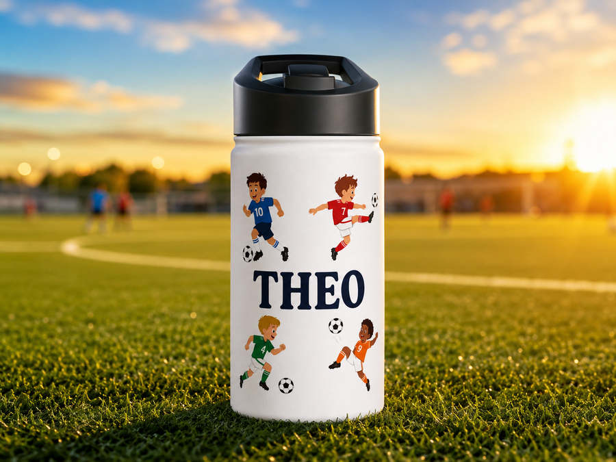 White water bottle with a black lid, printed with the name Theo in navy block capitals among four cartoon boys in different football kits, each one running or kicking a ball.
