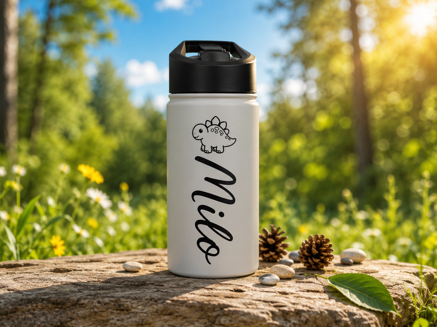 White water bottle with a black lid, printed with a small line-drawn stegosaurus above the name Milo, both in black and set reading downwards along the length of the bottle.