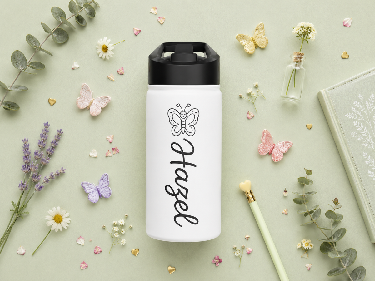 White water bottle with a black lid, printed with a simple line-drawn butterfly above the name Hazel, both in black and set reading downwards along the length of the bottle.