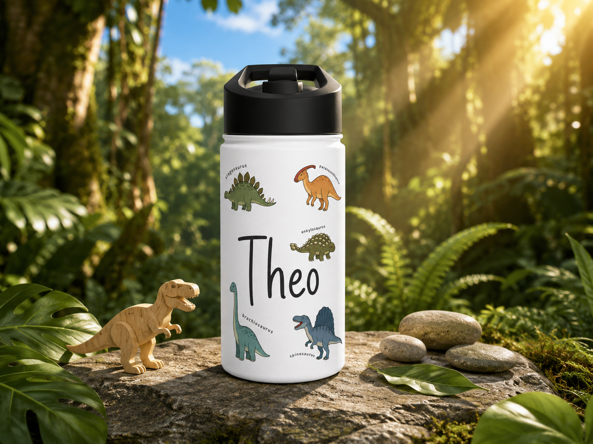 White water bottle with a black lid, printed with the name Theo in black handwriting surrounded by five cartoon dinosaurs, each one labelled underneath with its own species name.
