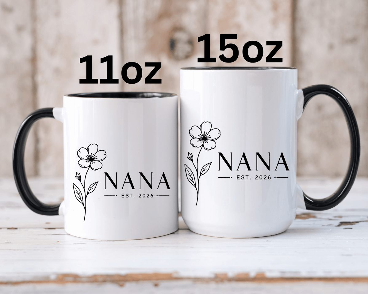 Personalized Name Mug, Floral Black Accent Coffee Cup with Custom Established Year, Grandmother Gift for Birthday, Mother's Day or Christmas