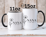 Personalized Name Mug, Floral Black Accent Coffee Cup with Custom Established Year, Grandmother Gift for Birthday, Mother's Day or Christmas
