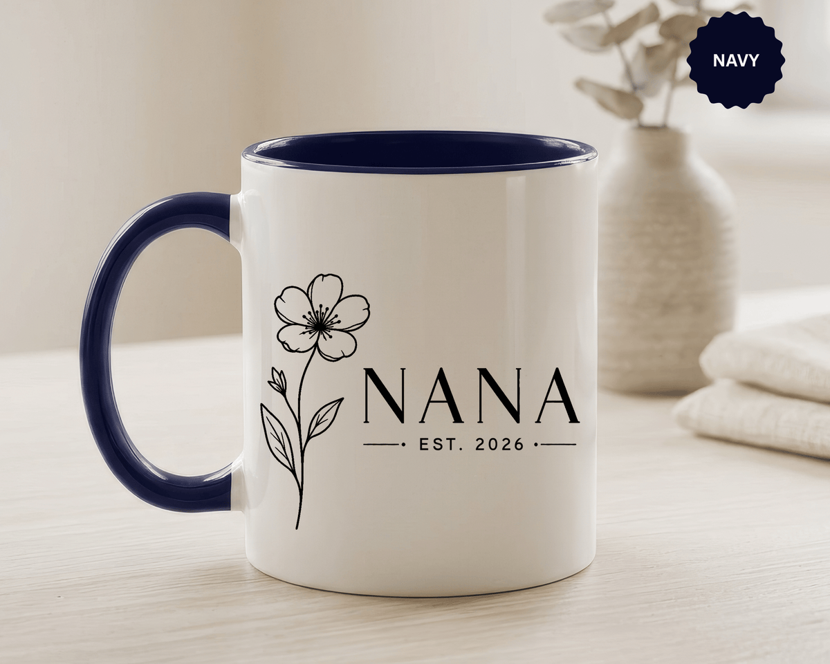 Personalized Name Mug, Floral Black Accent Coffee Cup with Custom Established Year, Grandmother Gift for Birthday, Mother's Day or Christmas