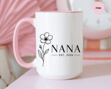 Personalized Name Mug, Floral Black Accent Coffee Cup with Custom Established Year, Grandmother Gift for Birthday, Mother's Day or Christmas