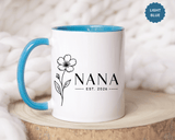 Personalized Name Mug, Floral Black Accent Coffee Cup with Custom Established Year, Grandmother Gift for Birthday, Mother's Day or Christmas