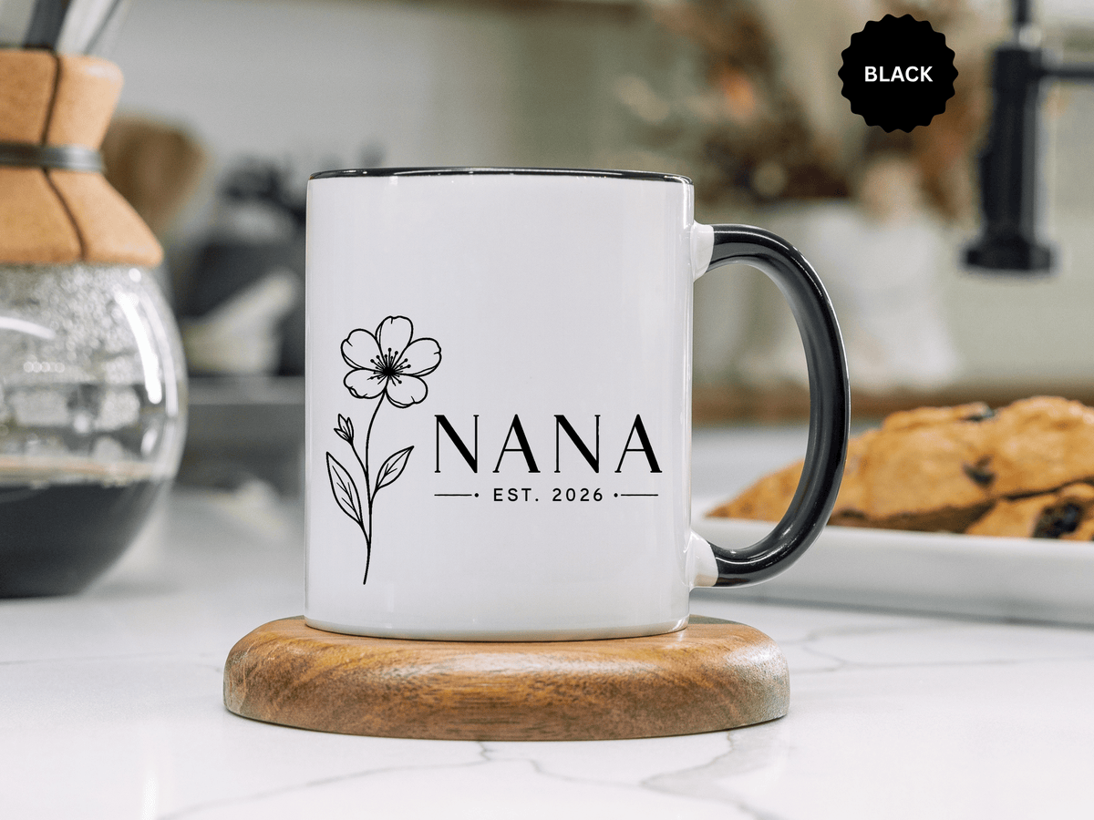 Personalized Name Mug, Floral Black Accent Coffee Cup with Custom Established Year, Grandmother Gift for Birthday, Mother's Day or Christmas