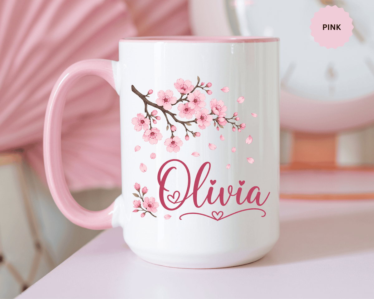 Personalized Name Mug, Pink Cherry Blossom Black Accent Coffee Cup, Custom Name Gift for Her, Girl, Daughter, Birthday or Nursery Keepsake