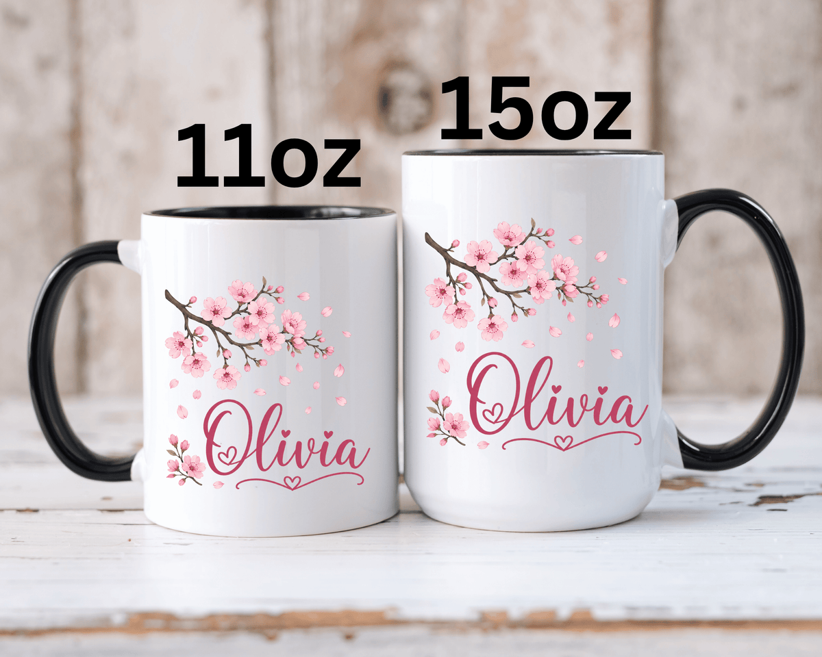 Personalized Name Mug, Pink Cherry Blossom Black Accent Coffee Cup, Custom Name Gift for Her, Girl, Daughter, Birthday or Nursery Keepsake