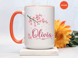 Personalized Name Mug, Pink Cherry Blossom Black Accent Coffee Cup, Custom Name Gift for Her, Girl, Daughter, Birthday or Nursery Keepsake