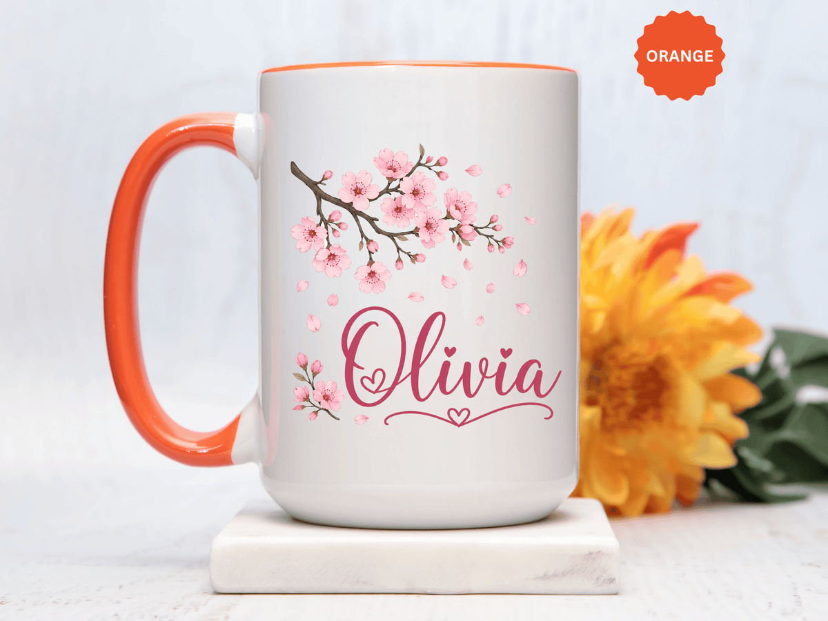 Personalized Name Mug, Pink Cherry Blossom Black Accent Coffee Cup, Custom Name Gift for Her, Girl, Daughter, Birthday or Nursery Keepsake
