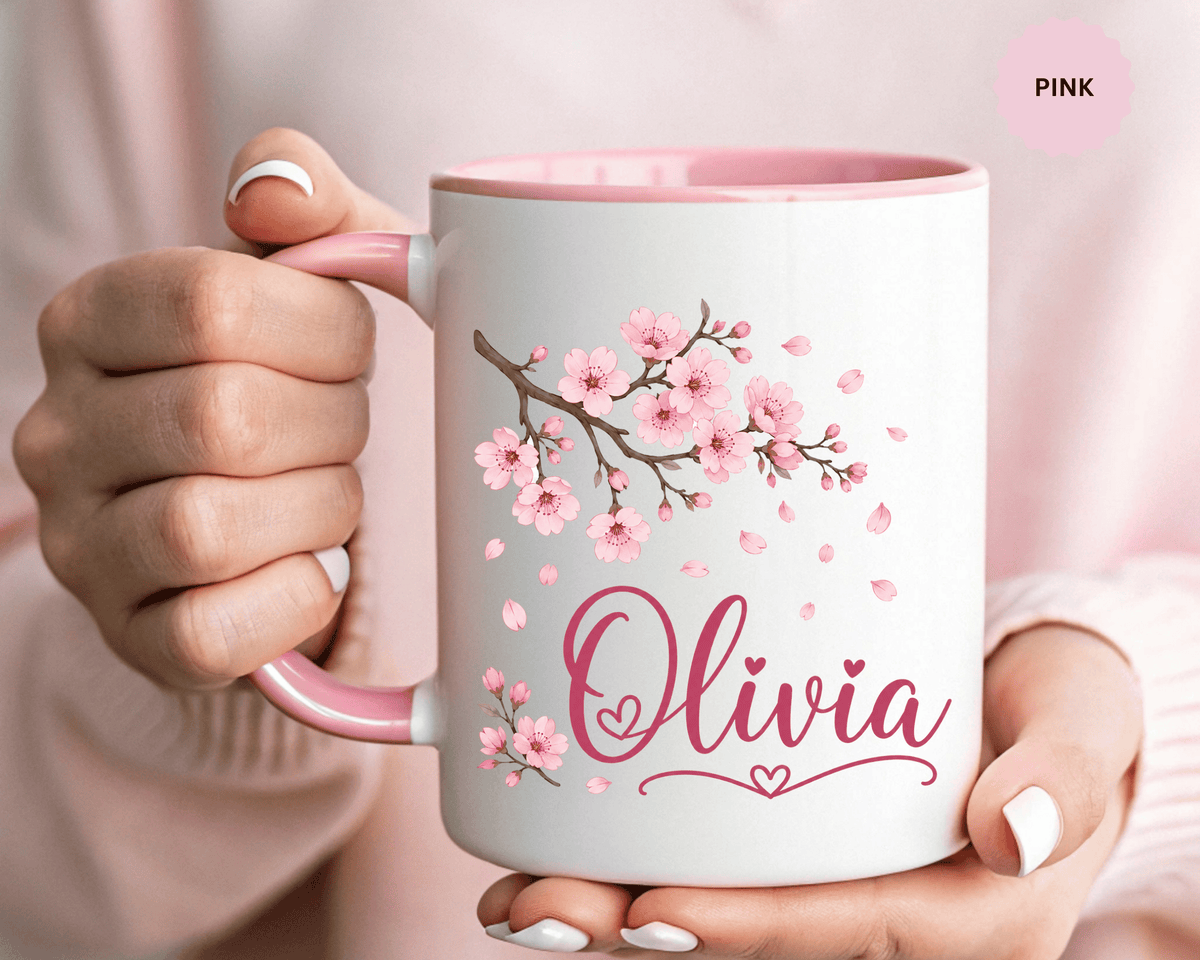 Personalized Name Mug, Pink Cherry Blossom Black Accent Coffee Cup, Custom Name Gift for Her, Girl, Daughter, Birthday or Nursery Keepsake