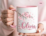 Personalized Name Mug, Pink Cherry Blossom Black Accent Coffee Cup, Custom Name Gift for Her, Girl, Daughter, Birthday or Nursery Keepsake