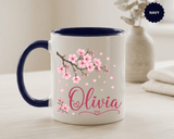 Personalized Name Mug, Pink Cherry Blossom Black Accent Coffee Cup, Custom Name Gift for Her, Girl, Daughter, Birthday or Nursery Keepsake