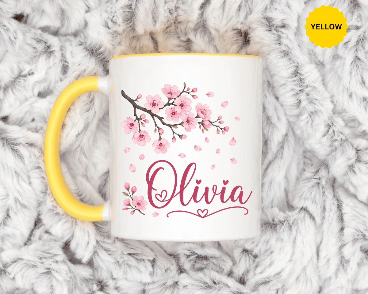 Personalized Name Mug, Pink Cherry Blossom Black Accent Coffee Cup, Custom Name Gift for Her, Girl, Daughter, Birthday or Nursery Keepsake