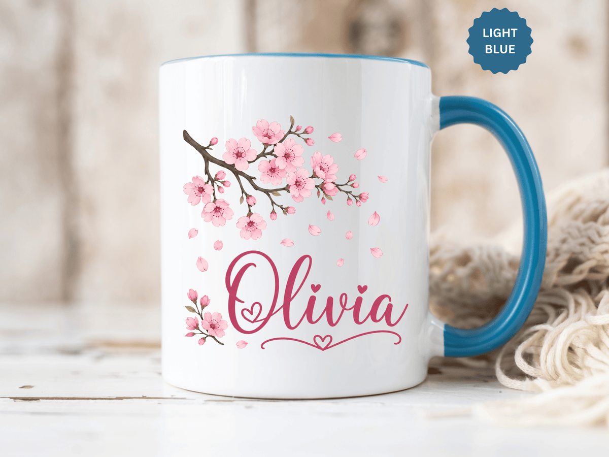 Personalized Name Mug, Pink Cherry Blossom Black Accent Coffee Cup, Custom Name Gift for Her, Girl, Daughter, Birthday or Nursery Keepsake